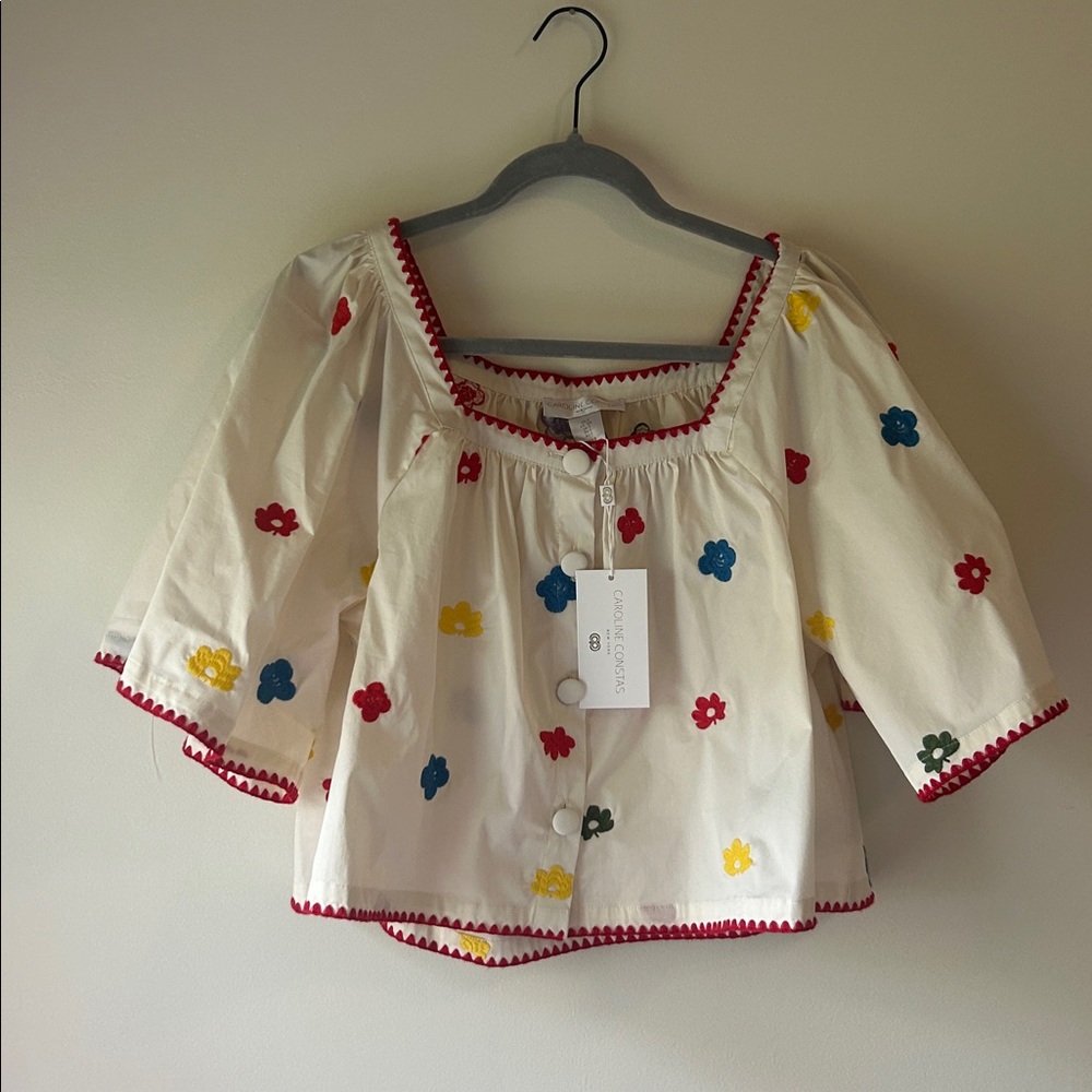 Caroline Constas Ivory 3/4 Sleeve Embroidered Cropped Blouse Sz S NWT $295 MSRP